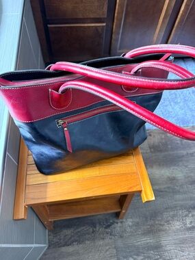 Classic Black and Red Leather Tote Bag